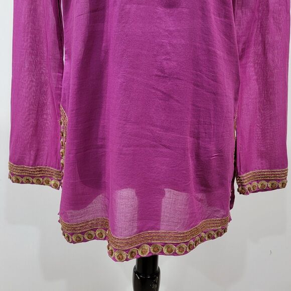 Tory Burch Magenta Sheer Gold Embroidered Beaded Button Trim Tunic Small Artsy - Picture 3 of 12